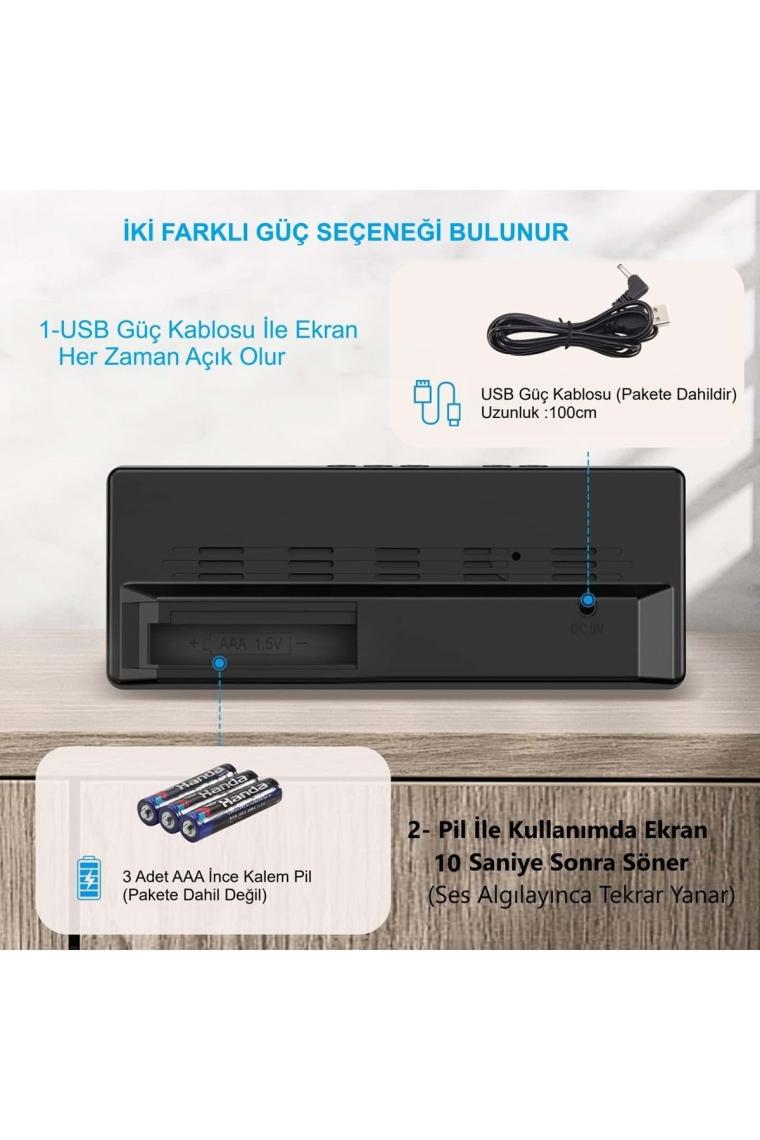 Hymark LED Ekran USB Güç Dijital Aynalı Masa Saati Sıcaklık Alarm Takvim