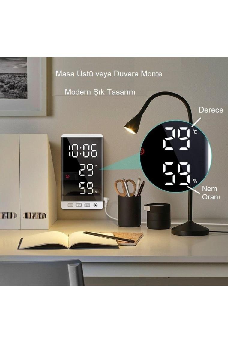 Upway 6 Inç Dijital Aynalı LED Ekran Masa Saati Alarm Sıcaklık Nem USB