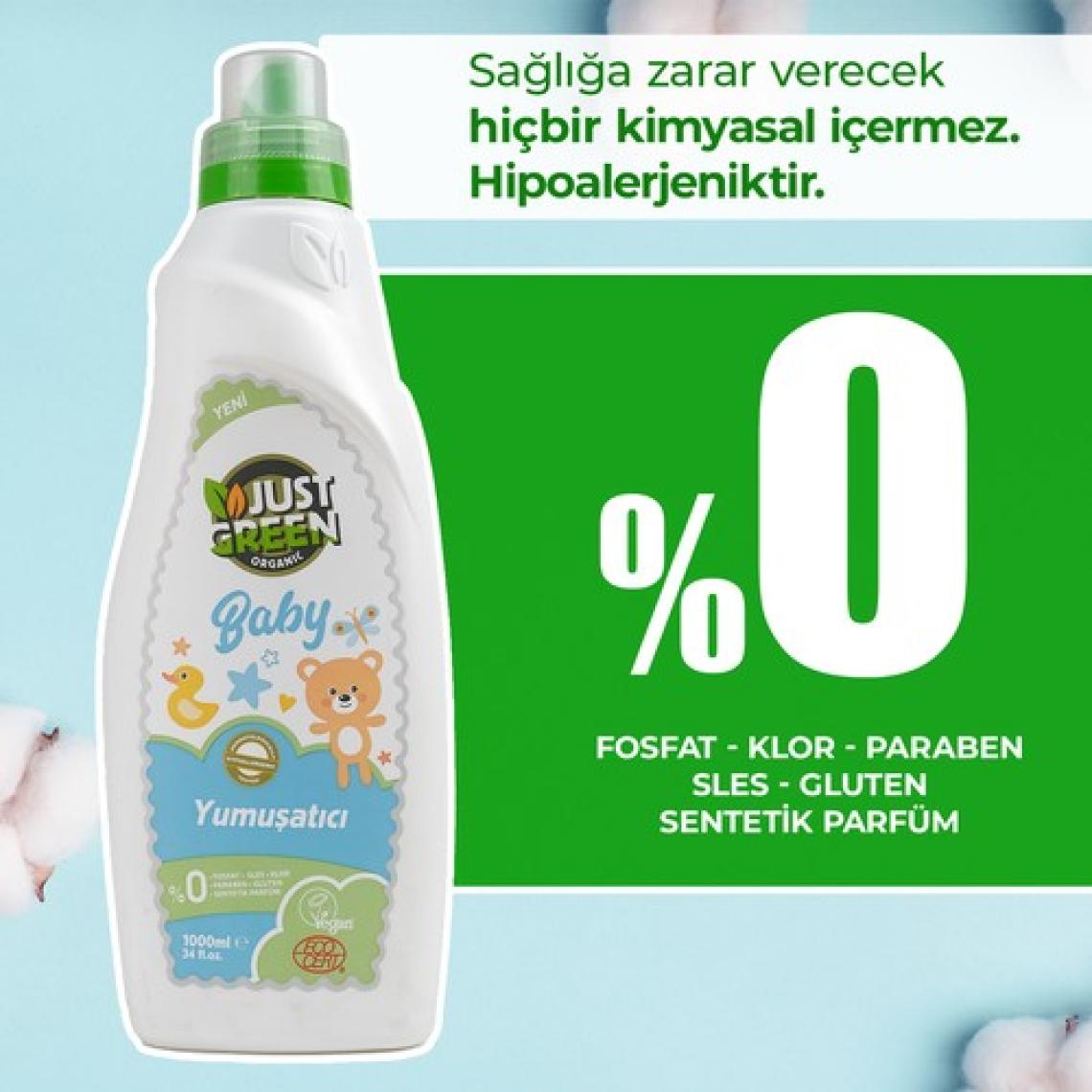 Just Green Organic Baby Çamaşır Yumuşatıcı - Bebekler için %100 Doğal Ve Hassas Yumuşaklık (1000 ML) Yerli Üretim