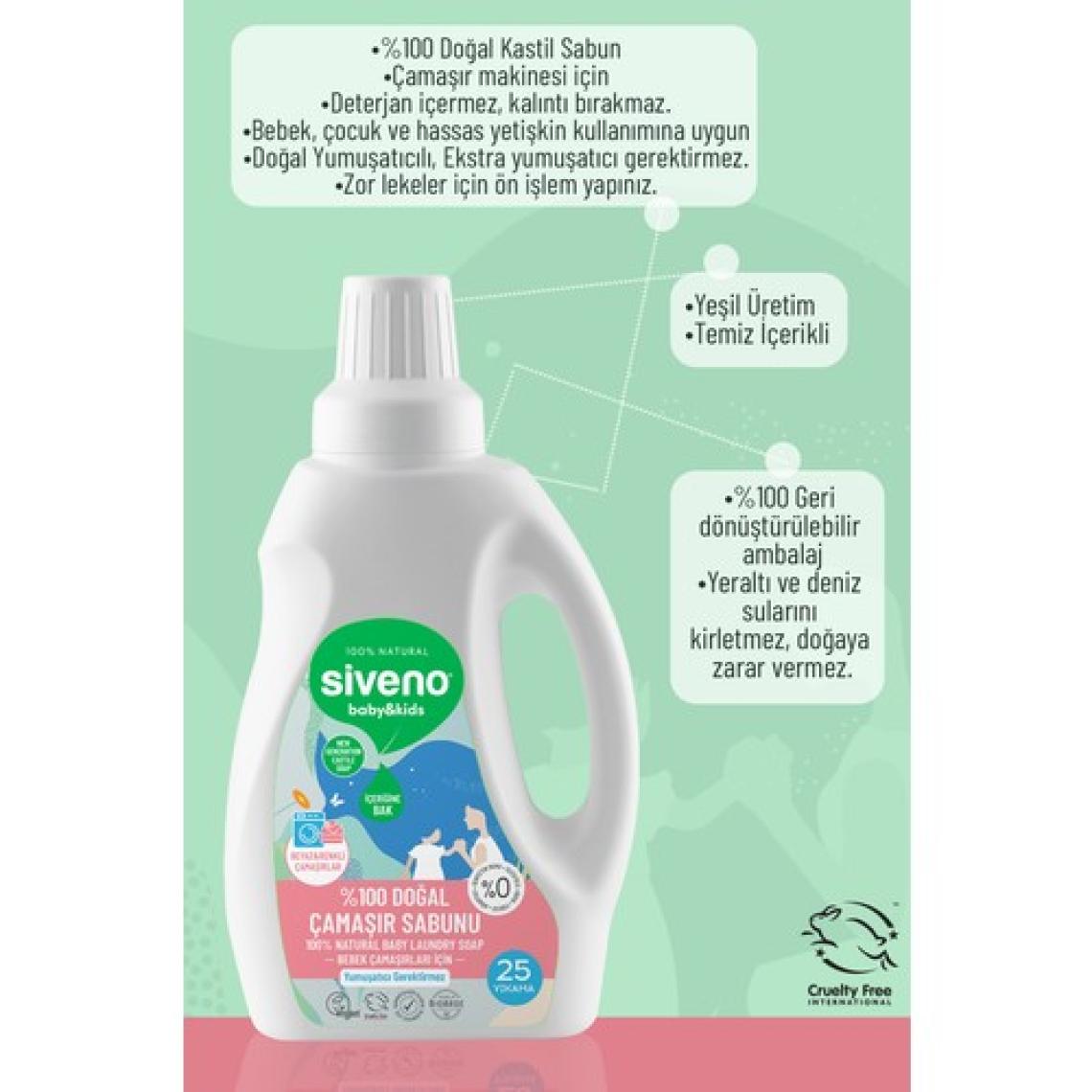 Siveno %100 Doğal Bebek Çamaşır Sabunu Kendinden Yumuşatıcılı Bitkisel Deterjan Konsantre 750 ml X3 Adet