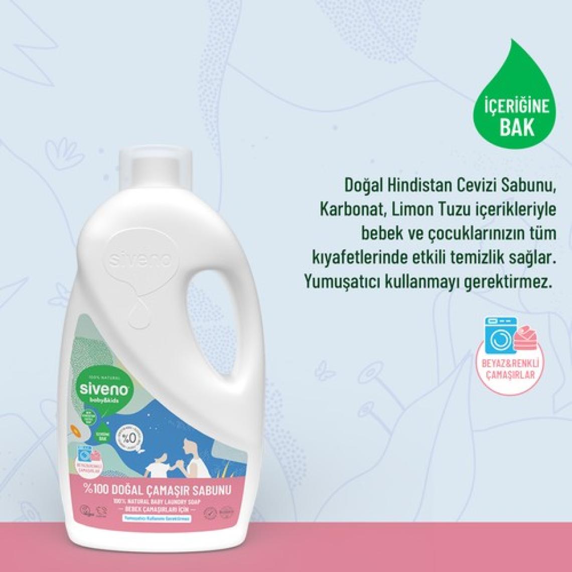 Siveno %100 Doğal Bebek Çamaşır Sabunu Kendinden Yumuşatıcılı Bitkisel Deterjan Vegan 1000 ml X2 Adet