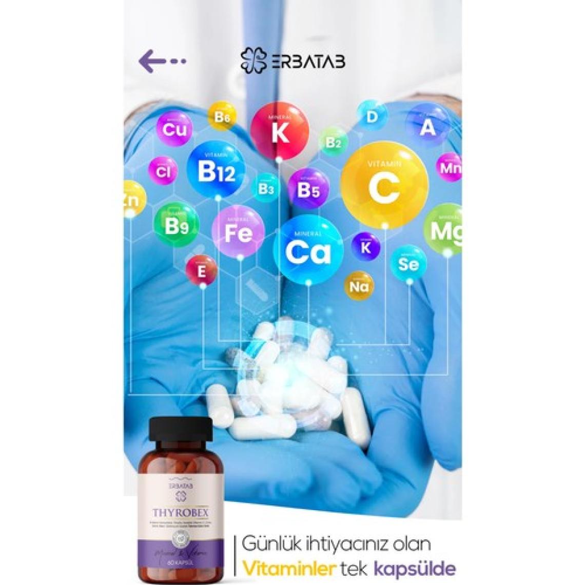 Erbatab Multivitamin ve Mineral Takviye Edici Gıda - 60 Bitkisel Vcaps Kapsül, Çinko ve Vitamin İçerir, Türkiye Menşeli