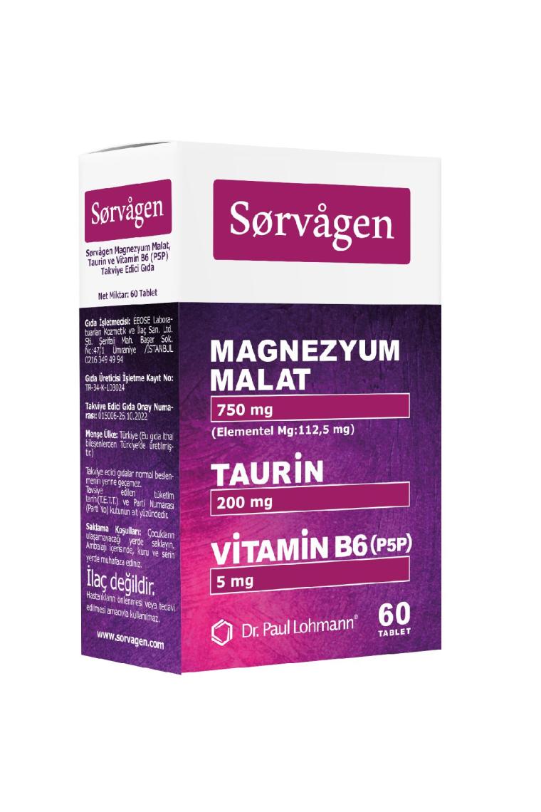Sorvagen Magnezyum Malat, Taurin ve Vitamin B6 (P5P) 60 Tablet