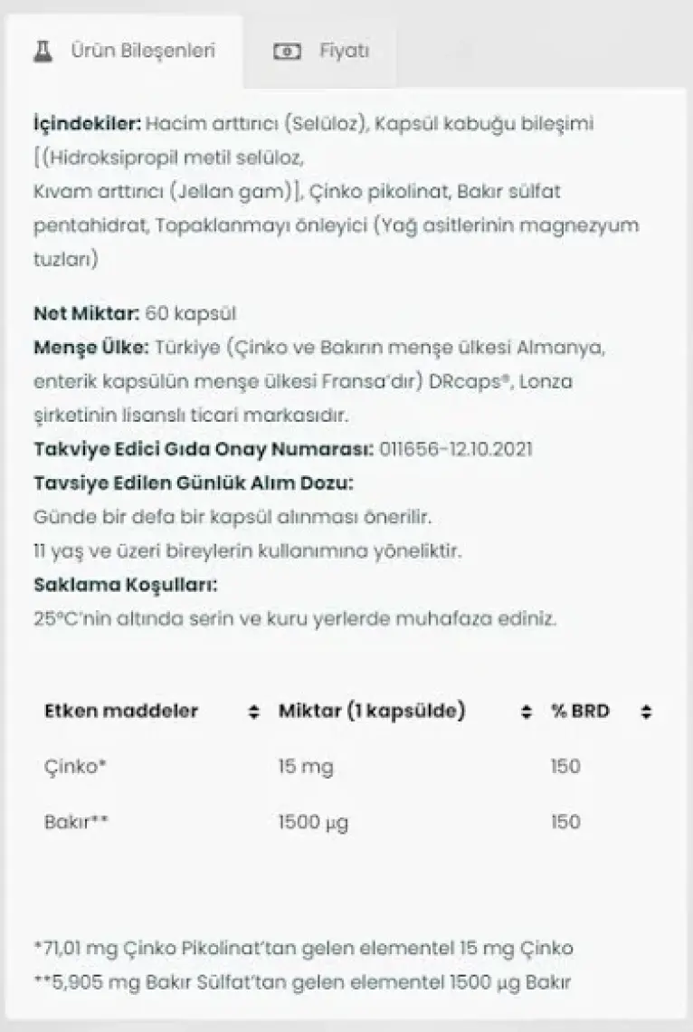 Venatura Çinko & Bakır Takviye Edici Gıda 60 Kapsül