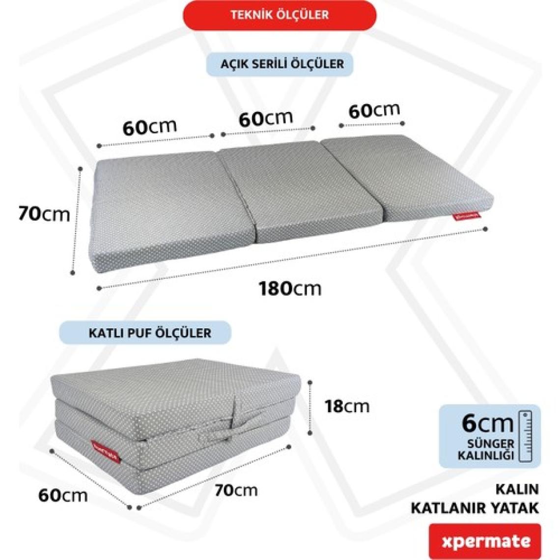 Xpermate Katlanır Yatak Yer Yatağı  Katlanır Sünger Yatak Misafir Yatağı 70X180X6 Gri Puantiyeli