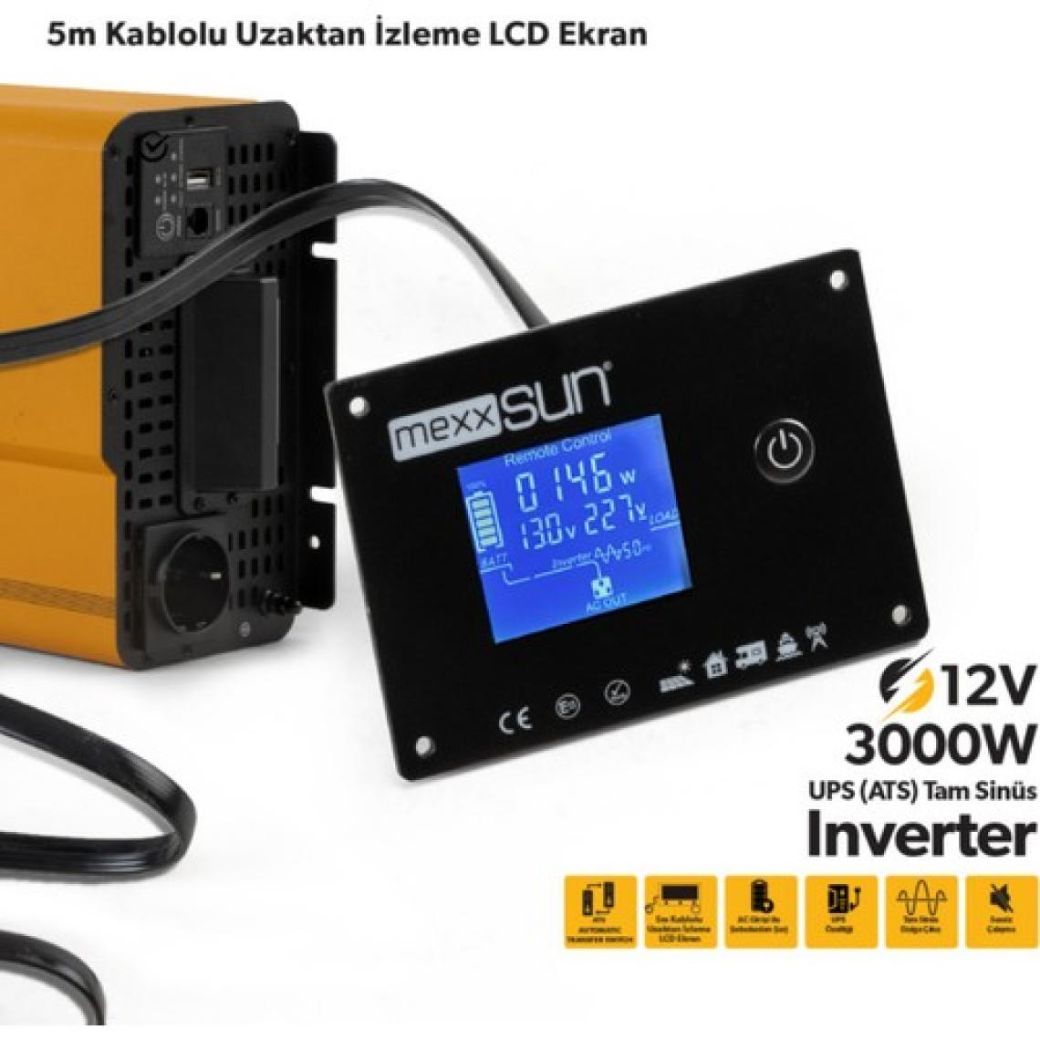 Mexxsun 12V VOLT-3000W Watt Ups Tam Sınüs Inverter ( Ekranlı )