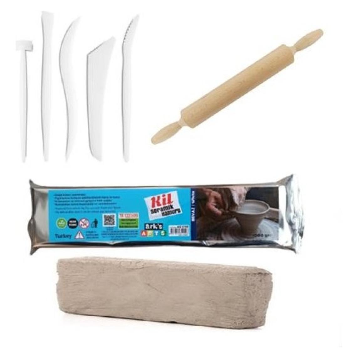 Hobialem Kil Hamuru Set-1 Seramik Hamuru Başlangıç Seti Ebeşuar Merdane 1 kg Beyaz Kil