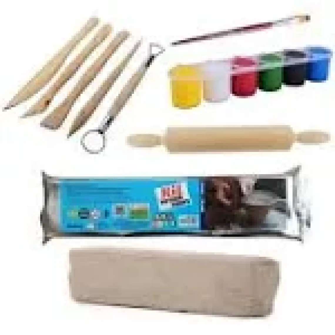 Hobialem Kil Hamuru Seti-4, Beyaz Kil 1 kg + Ahşap Ebeşuar + Merdane + Boya + Fırça