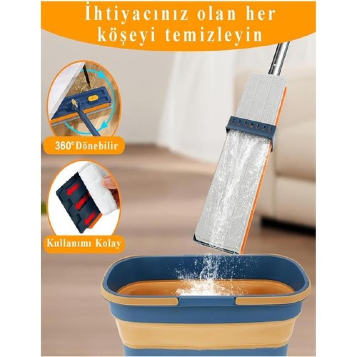Artlantis Kendinden Sıkmalı Mop ve Tekerlekli Katlanabilir Kova Seti 1 Adet Yedek Mop Hediyeli Lüks Mop Seti Silikon Kova Temizlik Seti Büro Ofis Ev