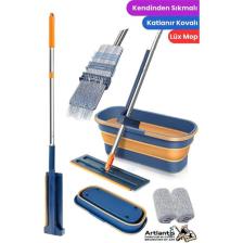 Artlantis Kendinden Sıkmalı Mop ve Tekerlekli Katlanabilir Kova Seti 1 Adet Yedek Mop Hediyeli Lüks Mop Seti Silikon Kova Temizlik Seti Büro Ofis Ev