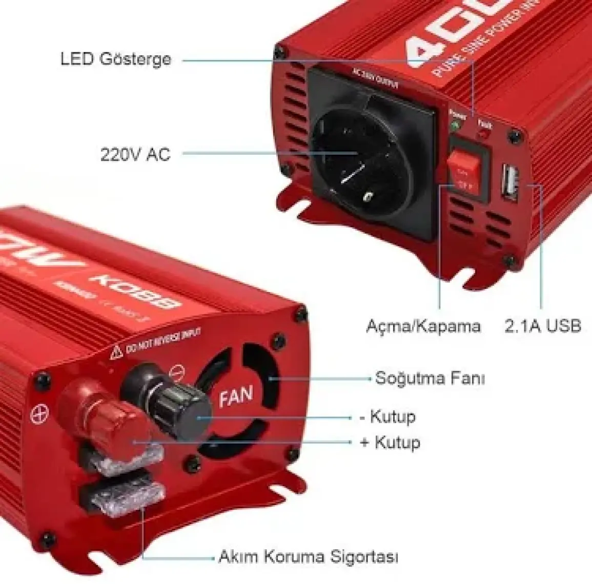 Kobb KBN400 12V/220V 400WATT Tam Sinüs Dönüştürücü Invertör