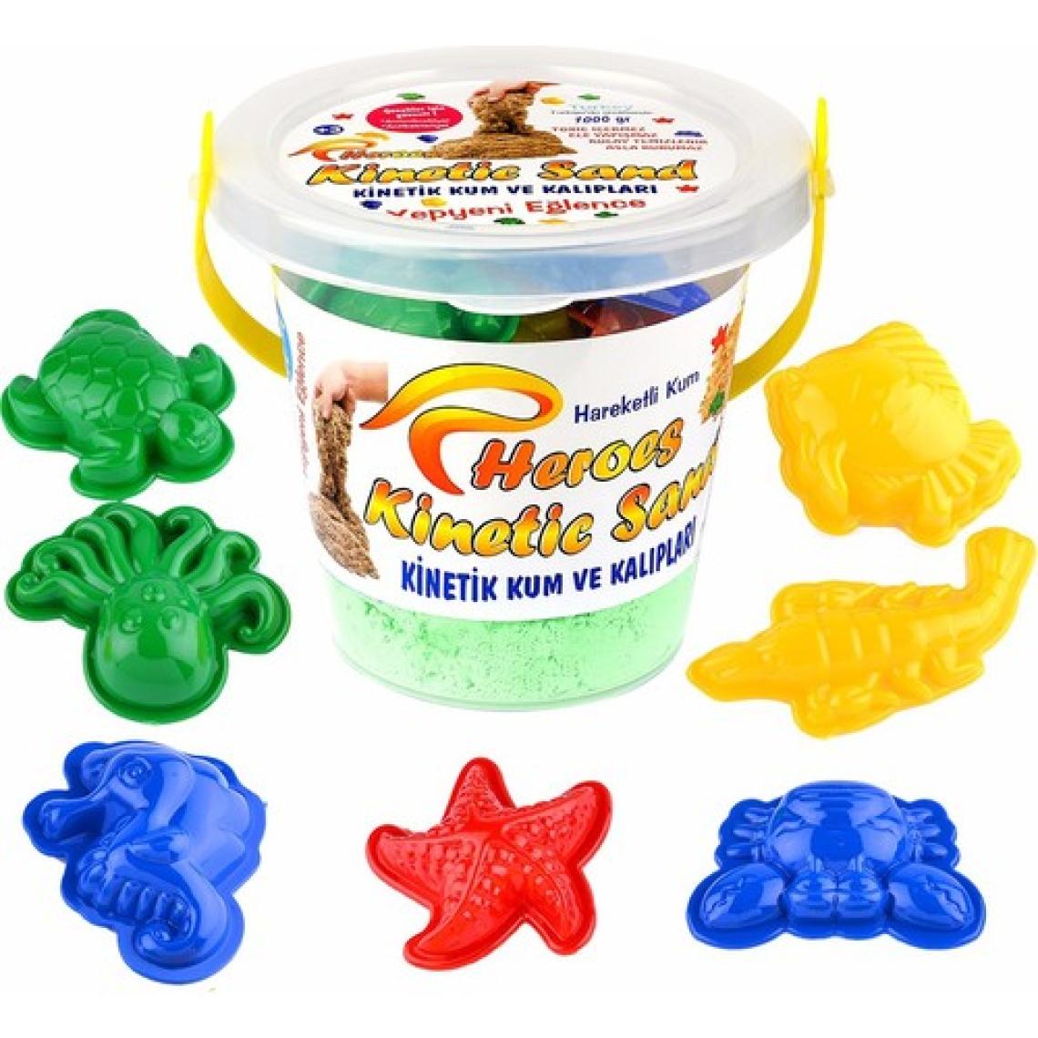 Heroes Kinetik Kum Kovalı Set Yeşil Renk 1 kg + 6 Parça Oyun Kalıbı