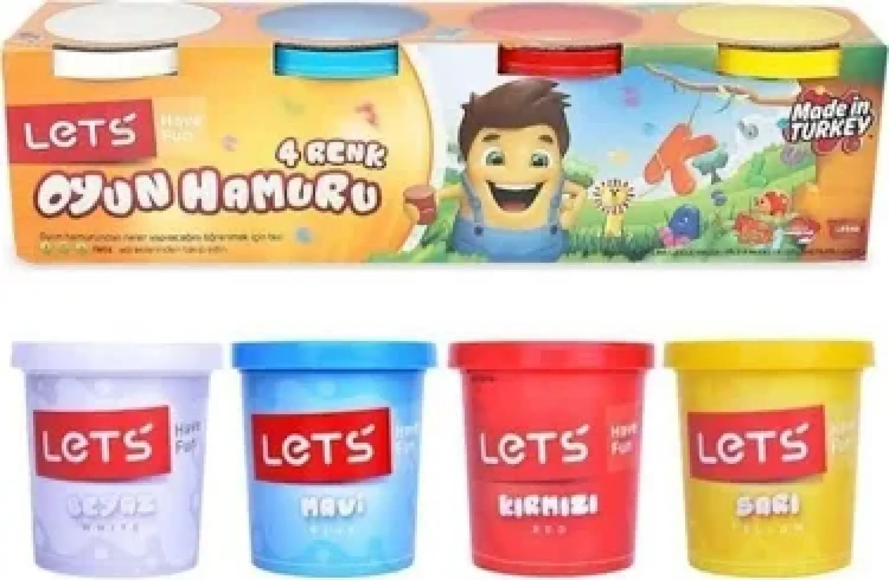 Lets Oyun Hamuru - Kolayca Şekil Verilebilir, Katkı Maddesi İçermeyen Buğday Unu, 600 g, 4 Renk, Hava Geçirmeyen Kutularda
