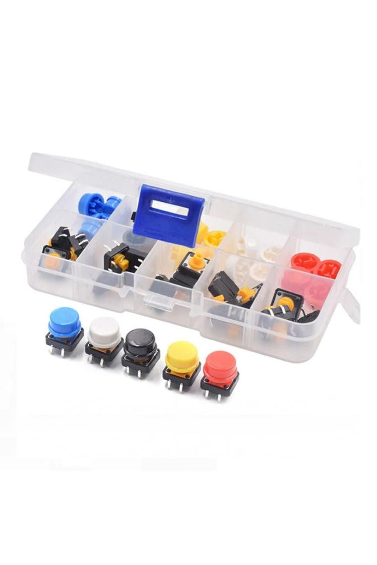 Roboyol Store Kutulu 12X12MM 25 Adet Başlıklı Tact Buton Set 4 Pin 5 Renk Dokunmatik Anlık Basmalı Düğme