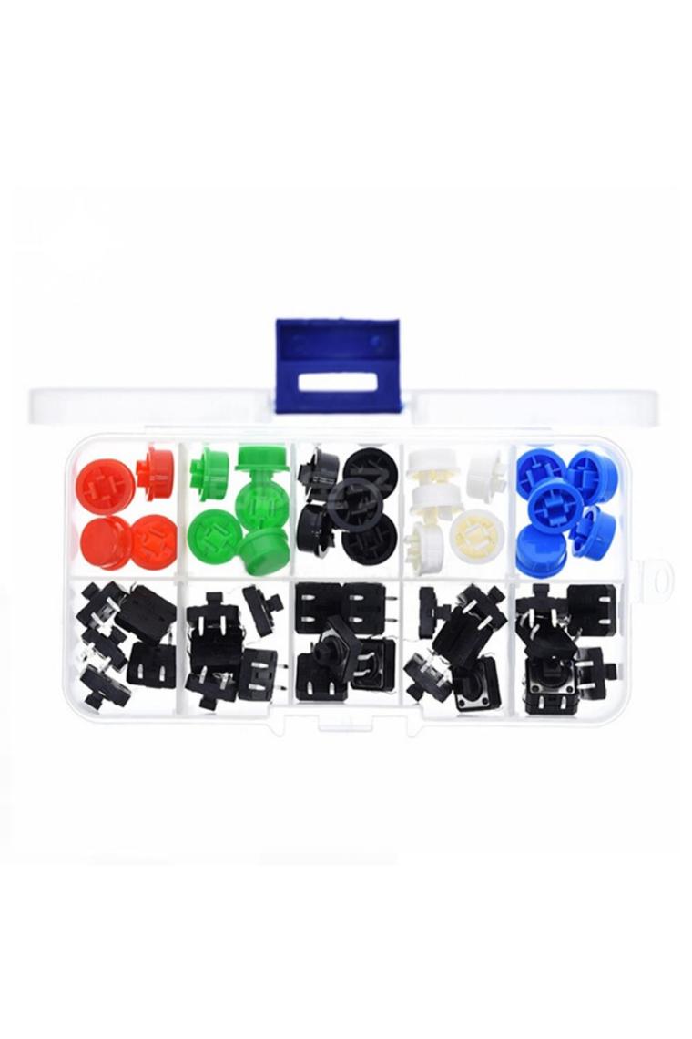 Roboyol Store Kutulu 12X12MM 25 Adet Başlıklı Tact Buton Set 4 Pin 5 Renk Dokunmatik Anlık Basmalı Düğme