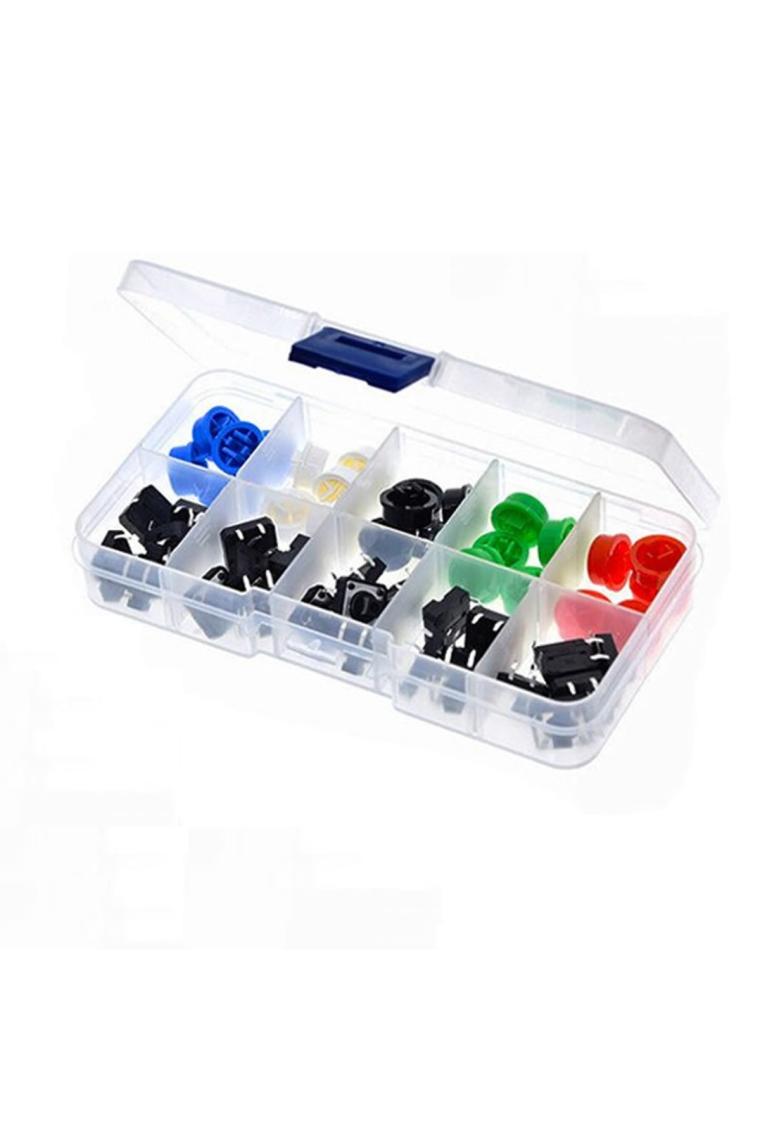 Roboyol Store Kutulu 12X12MM 25 Adet Başlıklı Tact Buton Set 4 Pin 5 Renk Dokunmatik Anlık Basmalı Düğme