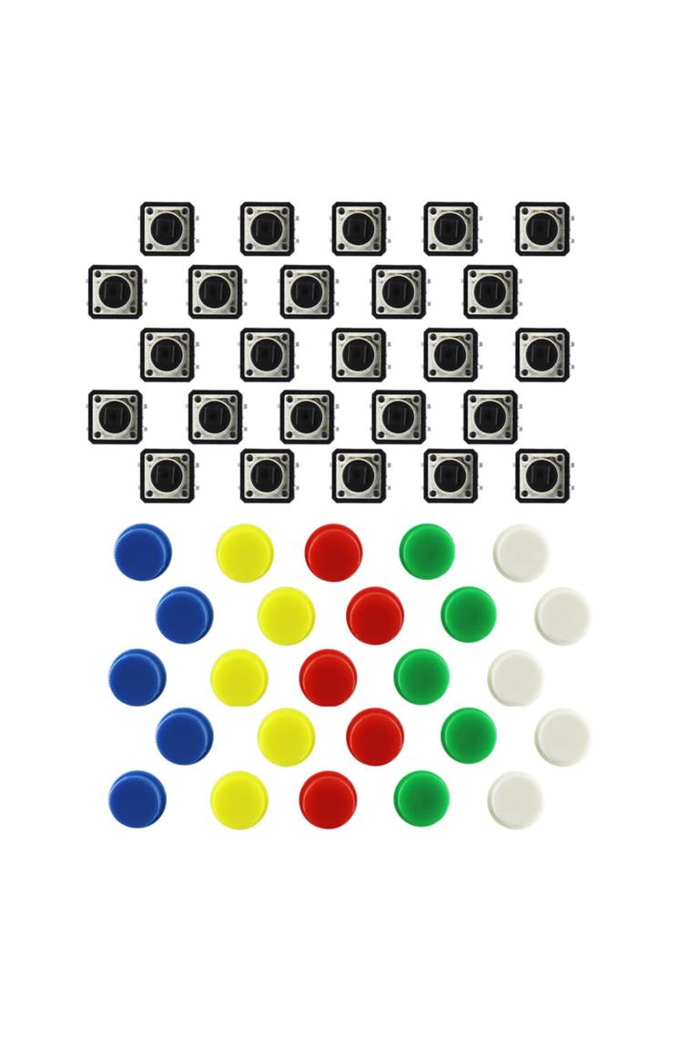 Roboyol Store Kutulu 12X12MM 25 Adet Başlıklı Tact Buton Set 4 Pin 5 Renk Dokunmatik Anlık Basmalı Düğme