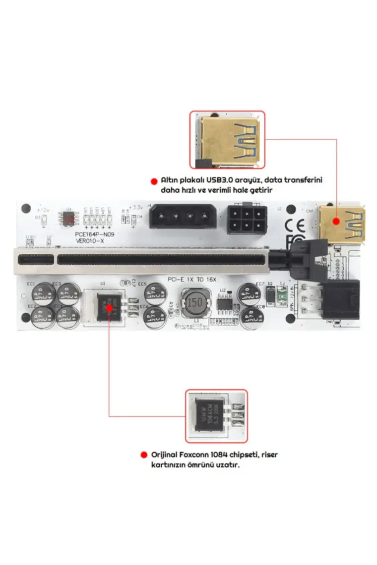 UniChrome Zauss Oem Riser V010-X 8 Kapasitörlü Yükseltici Pcı-E X1 To X16 Mining Riser Kartı