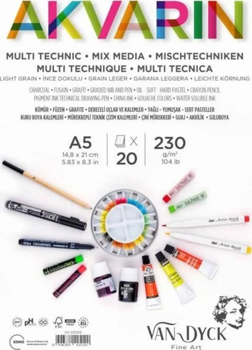 Van Dyck Akvarin A5 230GR 20YP Multi Technic Mix Media Çizim Deft