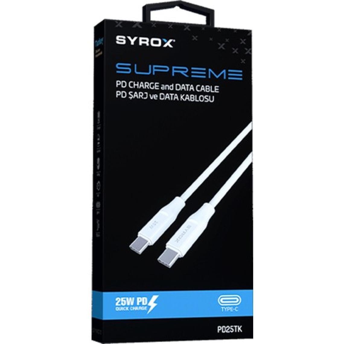 Syrox PD25TK Type-C to Type-C PD 25W Hızlı Data/Şarj Kablosu 1mt Beyaz