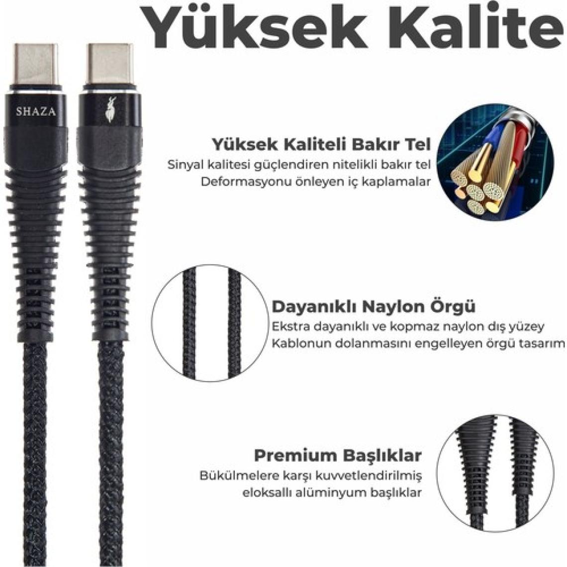 Shaza Type-C To Type-C Pd 5A 100 W Örgülü Hızlı Şarj ve Data Kablosu 1 Metre