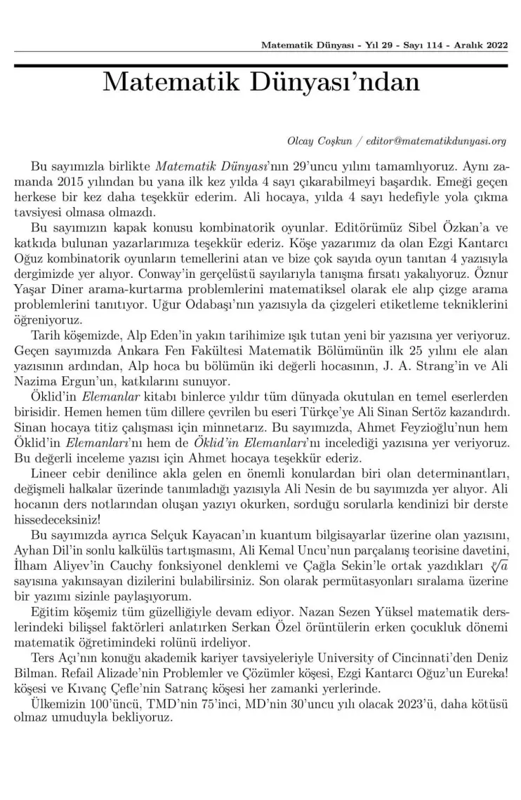 Matematik Dünyası Dergisi SAYI:114