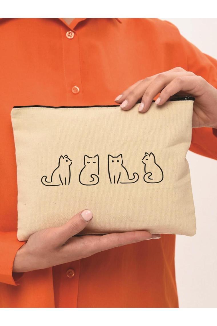 Clutch Minik Kediler Kanvas Makyaj Çantası