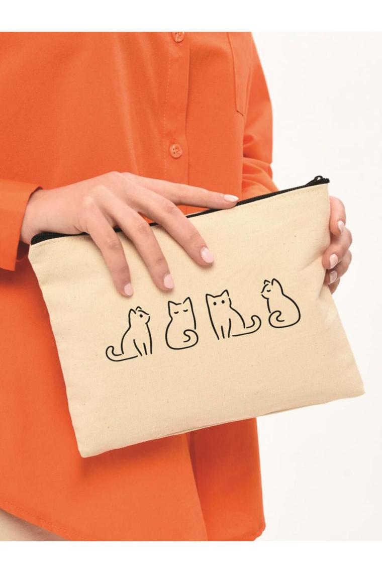 Clutch Minik Kediler Kanvas Makyaj Çantası