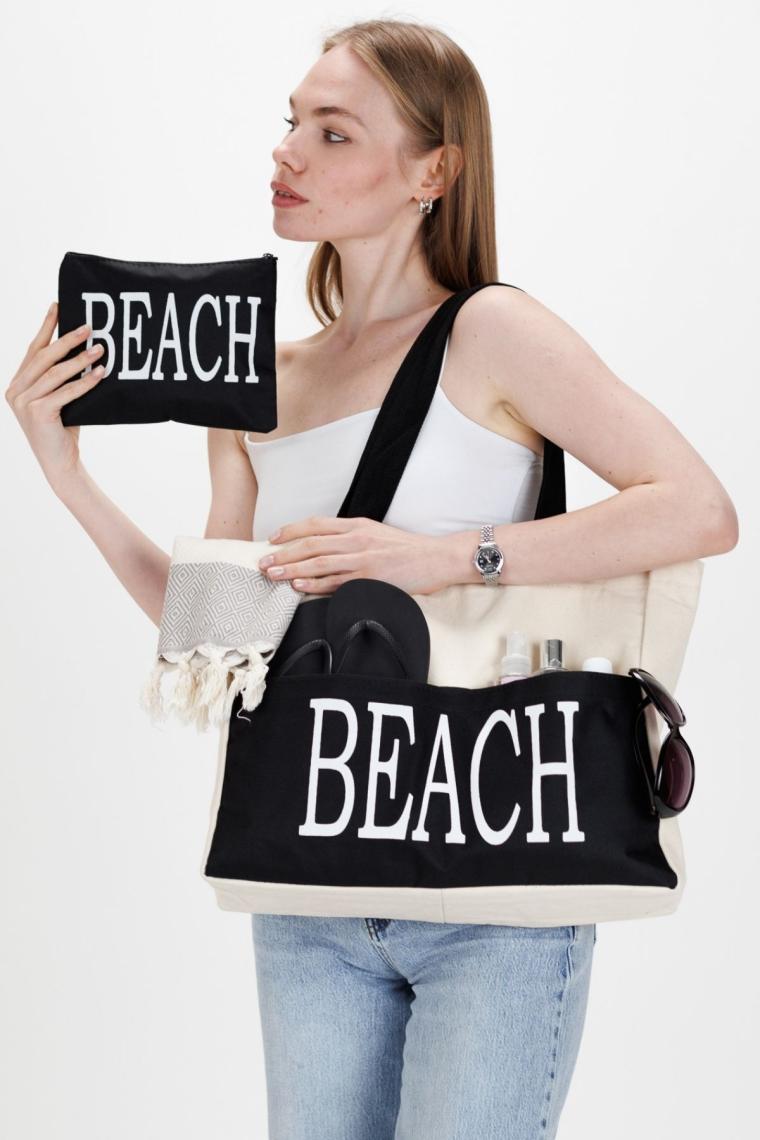 Kadın Beach Yazılı Plaj Sahil Çantası Krem 45 X 50 Cm