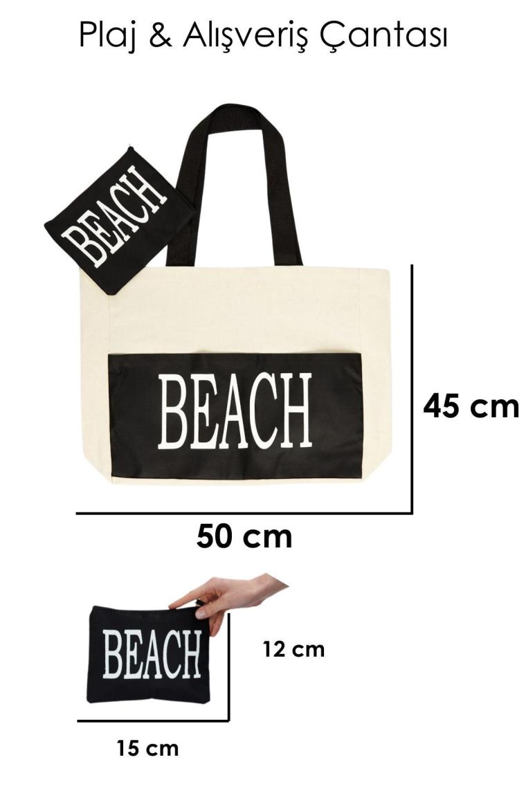 Kadın Beach Yazılı Plaj Sahil Çantası Krem 45 X 50 Cm
