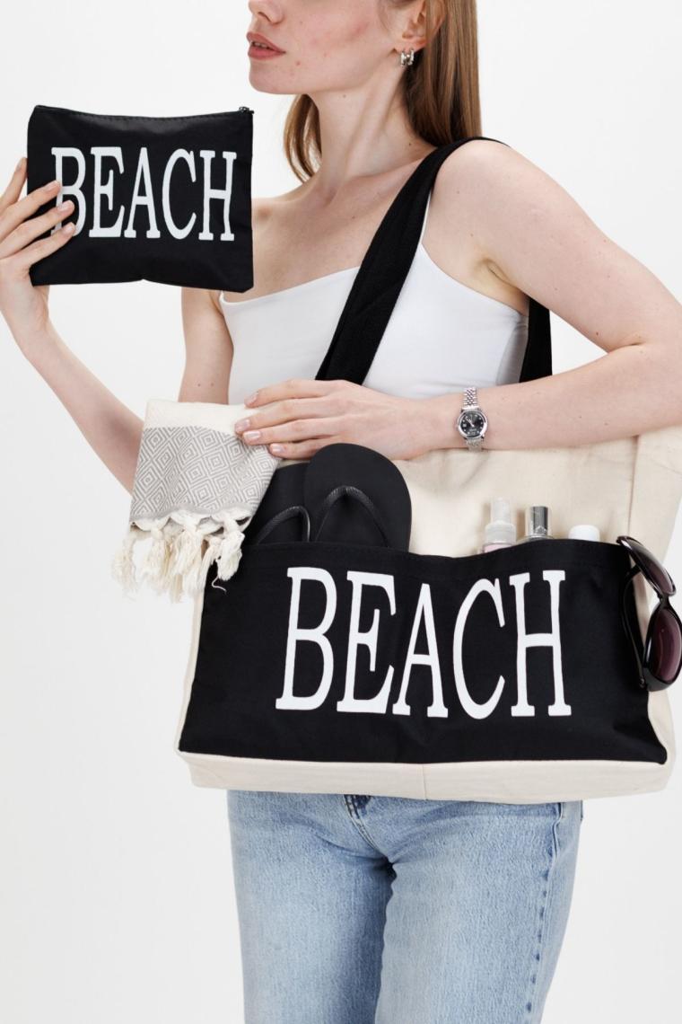 Kadın Beach Yazılı Plaj Sahil Çantası Krem 45 X 50 Cm