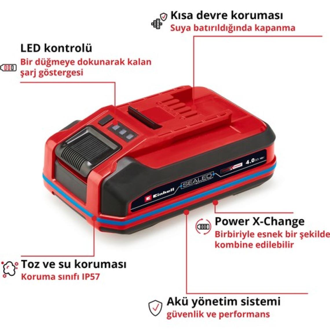 Orijinal Einhell 18 V 4.0 Ah SEALED Power X-Change PLUS (18 V Akü, Su ve Toz Koruması, IP57 Koruma Sınıfı,Tüm PXC cihazları için evrensel kullanım, Şarj cihazı dahil değil) - 4511627