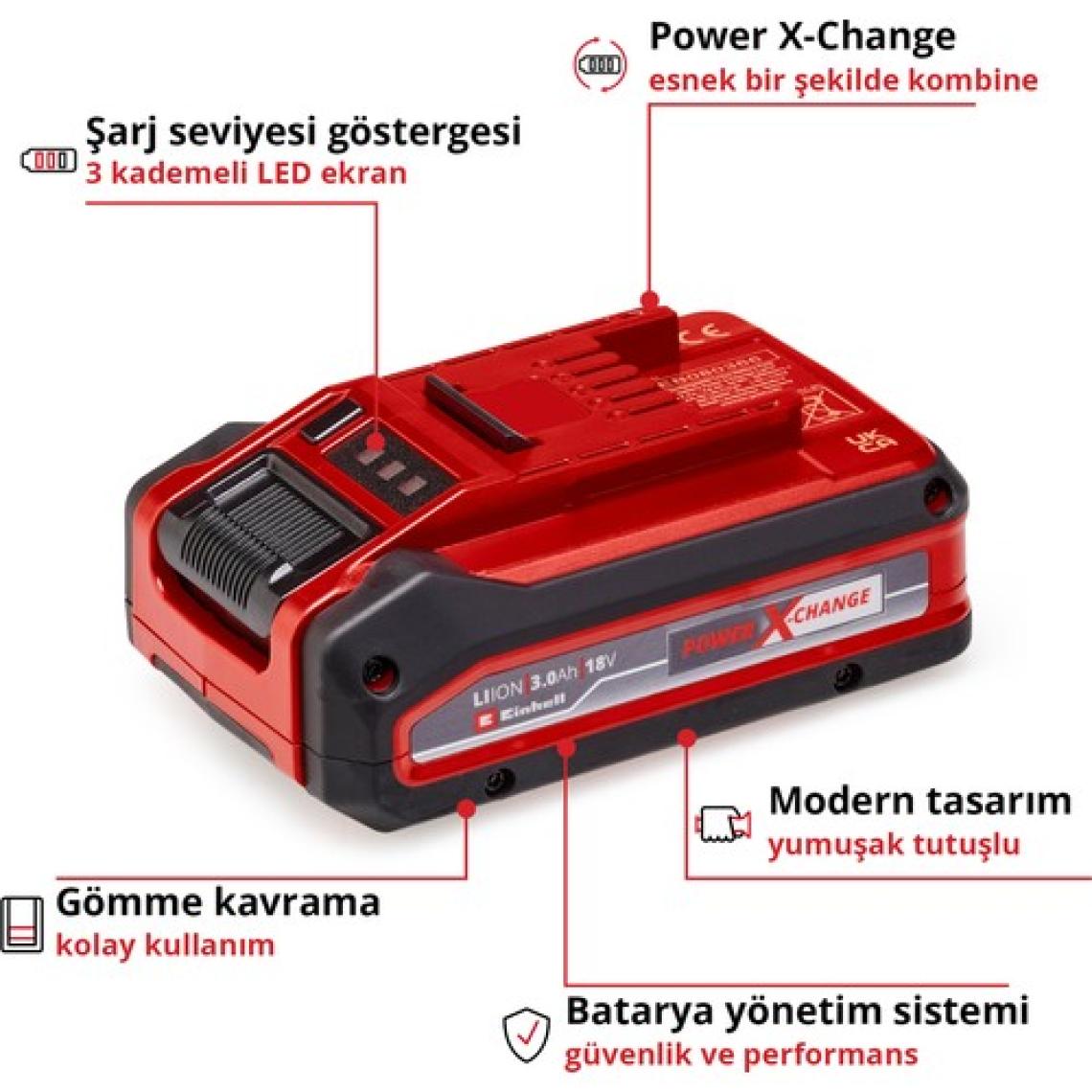 Einhell 18 V 3.0 Ah Power X-Change Plus (18 V Akü, Tüm PXC cihazları için evrensel,kendi kendine deşarj olmaz, 3 aşamalı LED şarj seviyesi kontrolü, özel şarj döngüleri, şarj dahil değil) - 4511501