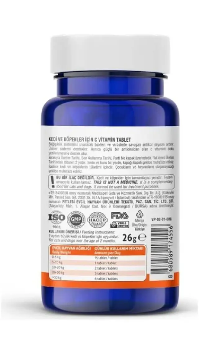 Vet's Plus C Vitamin Tablet 75'li (Kedi ve Köpekler için C Vitamini Desteği)