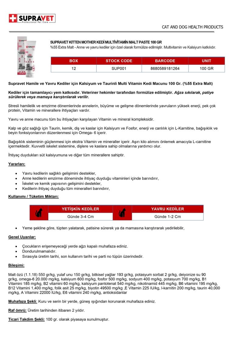 Hamile Ve Yavru Kediler Için Kalsiyum Ve Taurinli Multi Vitamin Kedi Macunu 100 Gr. (%57 Extra Malt)