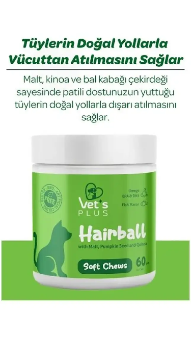 Vet's Plus Hairball Çiğnenebilir Tablet 60'lı (Malt ve Kionalı Tüy Yumağı Önleyici)