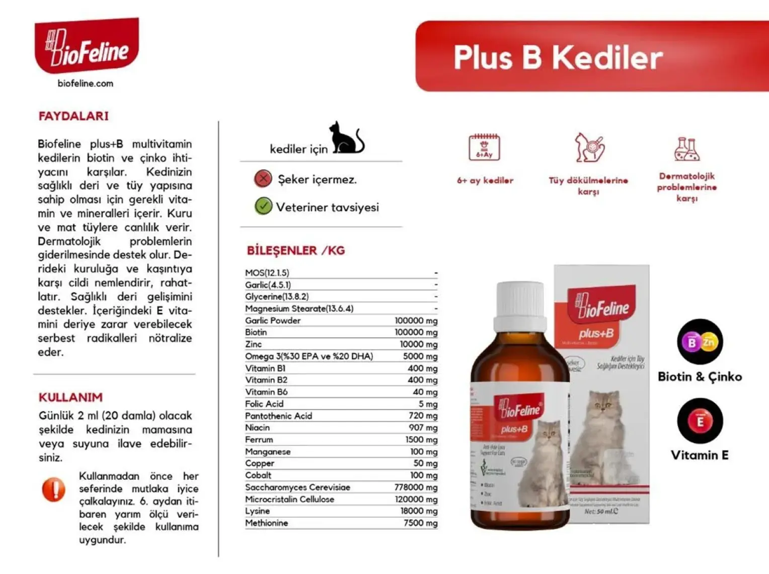 BioFeline Kediler İçin Biotinli Tüy Dökülmesini Azaltıcı Plus B Damla 50ml