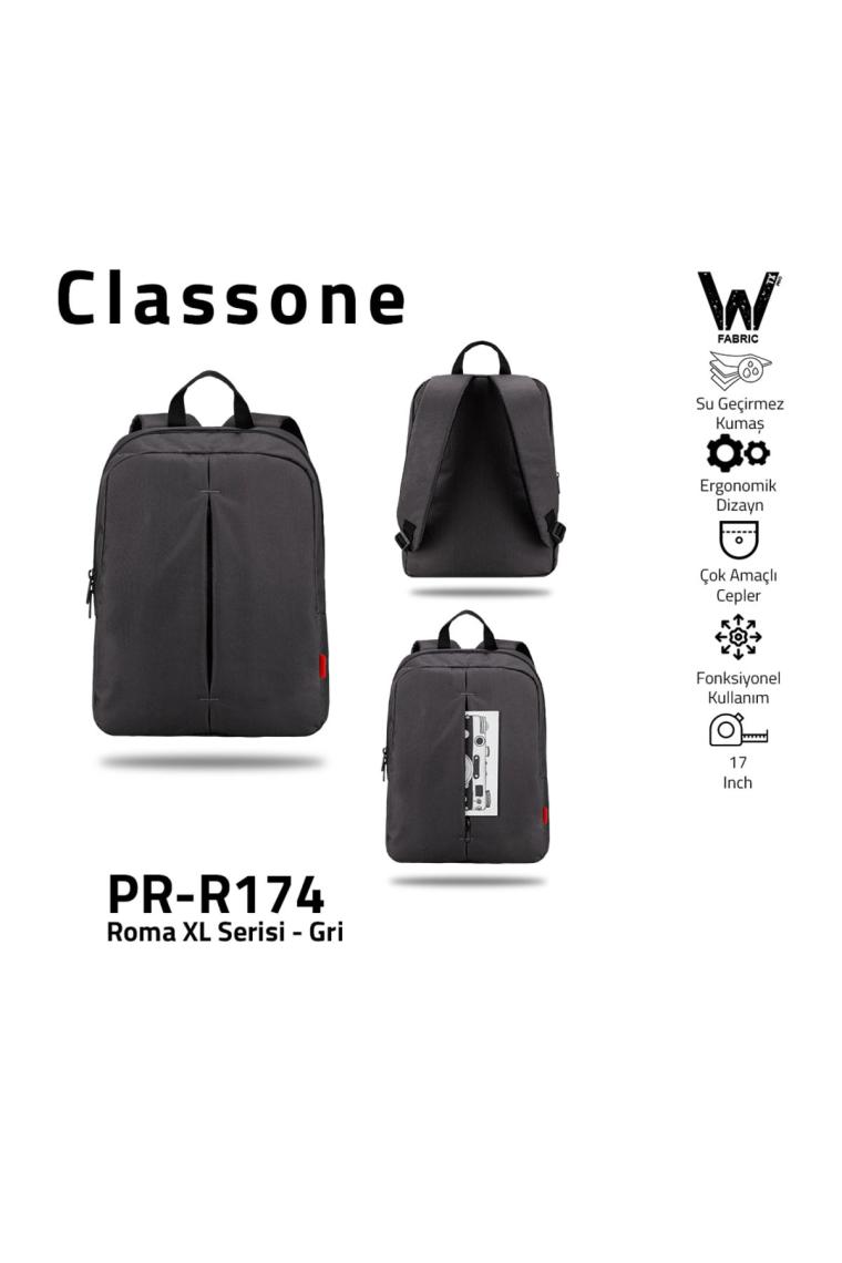 Classone PR-R174 Roma Serisi Su Geçirmez Kumaş 17" Laptop ,notebook Sırt Çantası-Gri