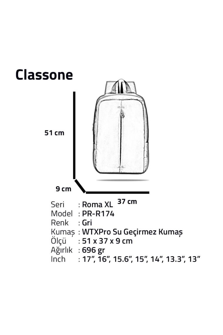 Classone PR-R174 Roma Serisi Su Geçirmez Kumaş 17" Laptop ,notebook Sırt Çantası-Gri