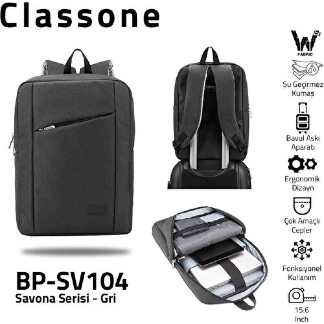 Classone BP-SV104 Savona Serisi WTXpro Su Geçirmez Kumaş 15.6" Notebook-Laptop Sırt Çantası-Gri