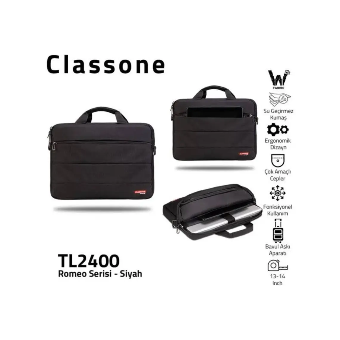Classone Romeo Serisi TL2400 13-14" Uyumlu Su Geçirmez Kumaş Laptop Çantası Siyah
