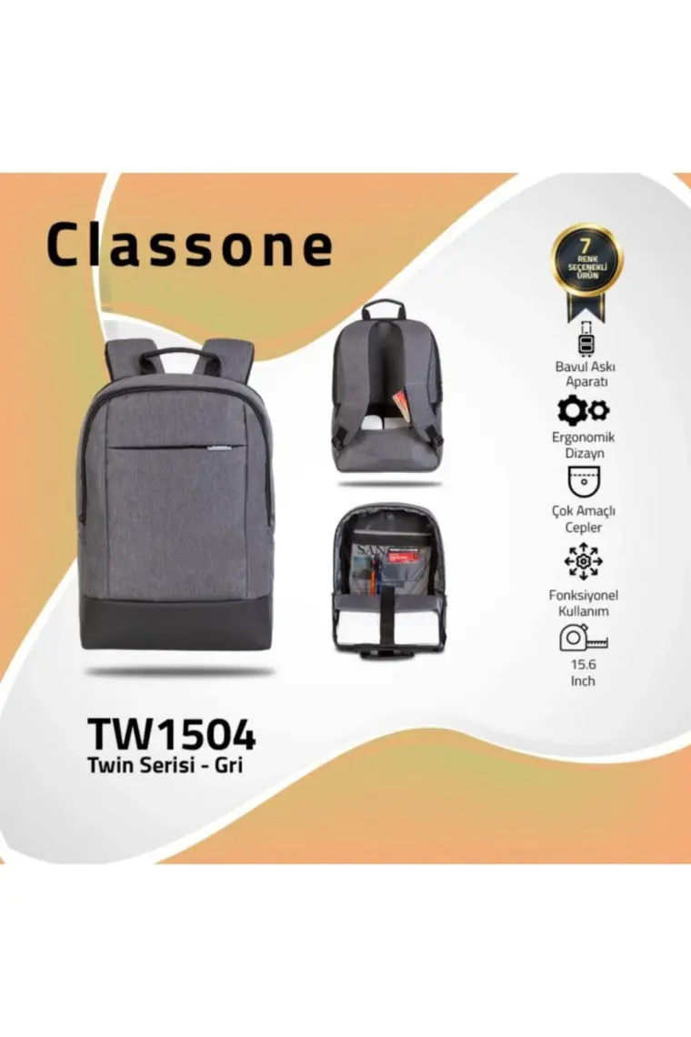 Classone BP-TW1504 TwinColor Serisi  WTXpro Su Geçirmez Kumaş  15,6"  Laptop Notebook Sırt  Çantası - Gri