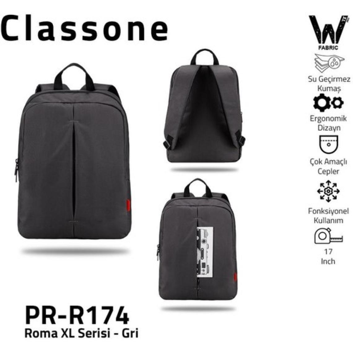 Classone PR-R174 Roma Serisi Su Geçirmez Kumaş 17" Laptop ,notebook Sırt Çantası-Gri
