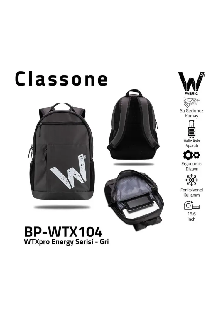 Classone BP-WTX104 Wtxpro Serisi Su Geçirmez Kumaş,15.6" Laptop, Notebook Sırt Çantası-Gri