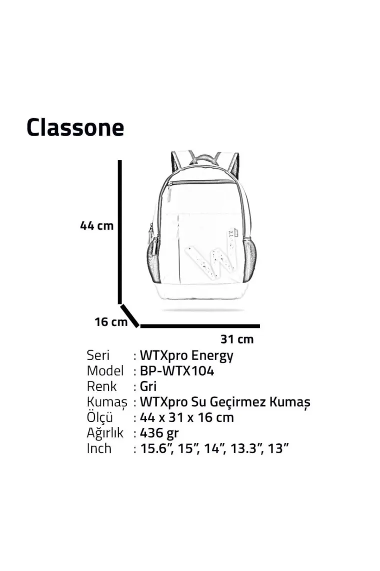 Classone BP-WTX104 Wtxpro Serisi Su Geçirmez Kumaş,15.6" Laptop, Notebook Sırt Çantası-Gri