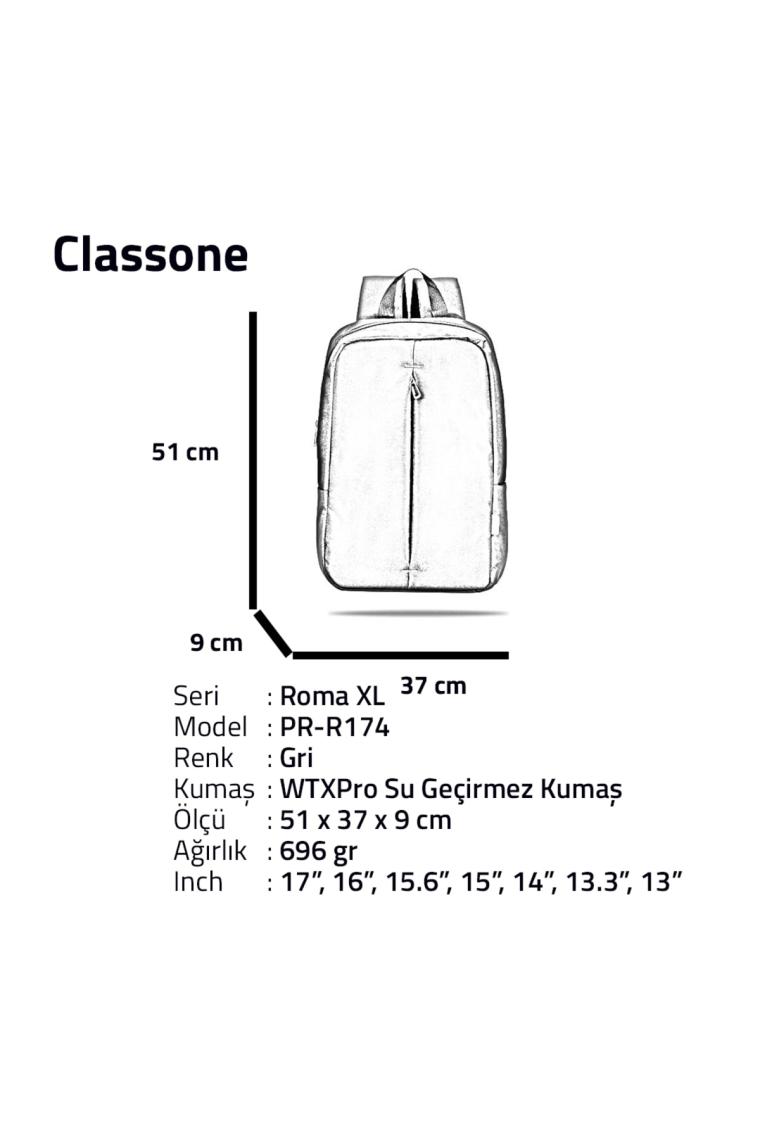 Classone PR-R174 Roma Serisi Su Geçirmez Kumaş 17" Laptop ,notebook Sırt Çantası-Gri
