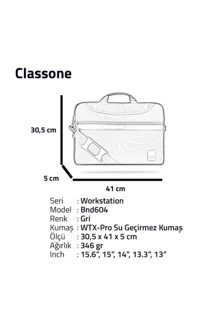 Classone Workstation BND604 15.6 " Su Geçirmez Kumaş, Notebook ,laptop Çantası-Gri