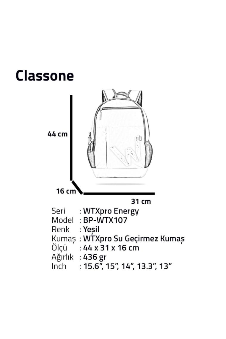 Classone BP-WTX107  Wtxpro Serisi 15.6" ,su Geçirmez Kumaş, Laptop, Notebook Sırt Çantası-Yeşil