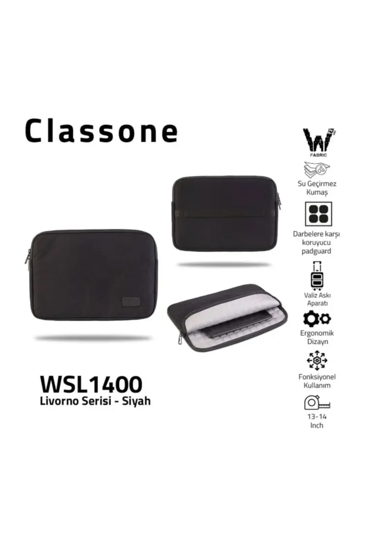 Classone Livorno Serisi WSL1400 13-14 inch uyumlu ,Su Geçirmez Kumaş ,Macbook, Notebook,Laptop ,Tablet Kılıfı -Siyah