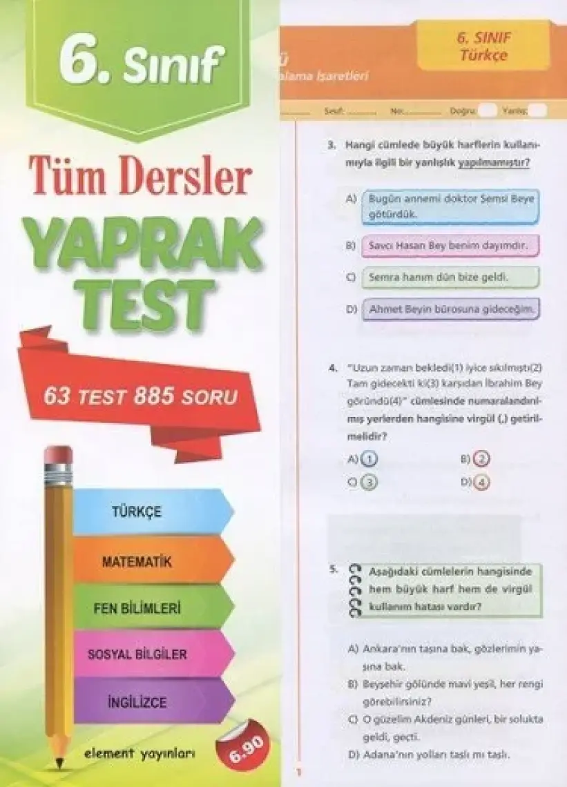 Element Yayınları 6. Sınıf Tüm Dersler Yaprak Test